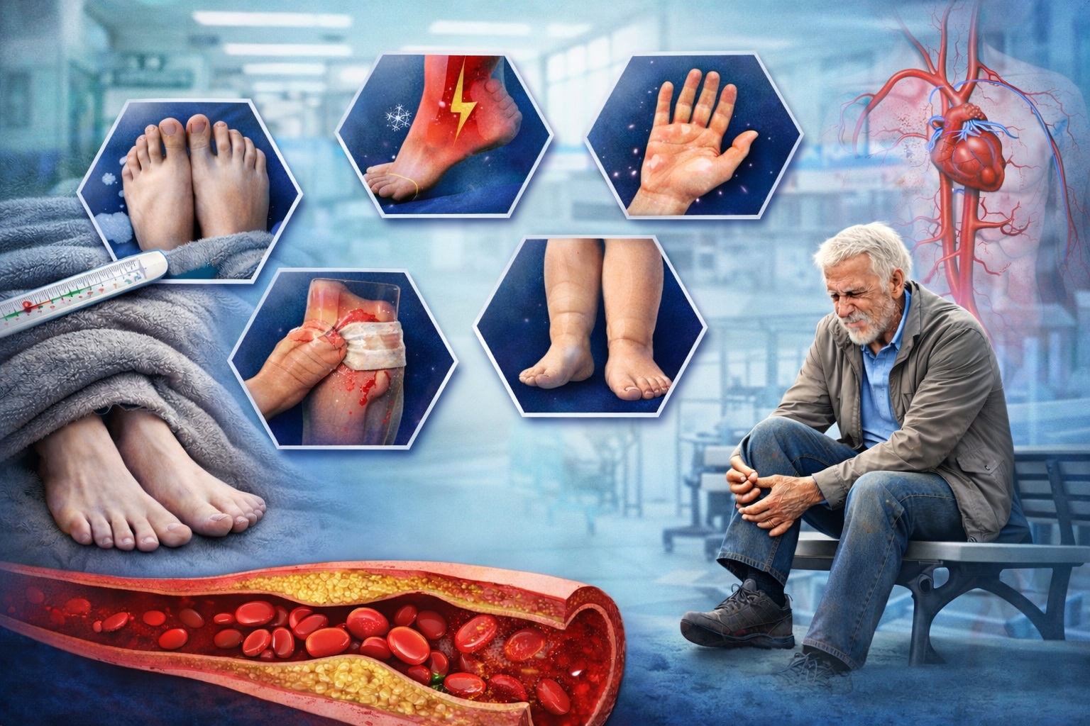 Peripheral artery disease symptoms affecting legs, feet, and circulation.