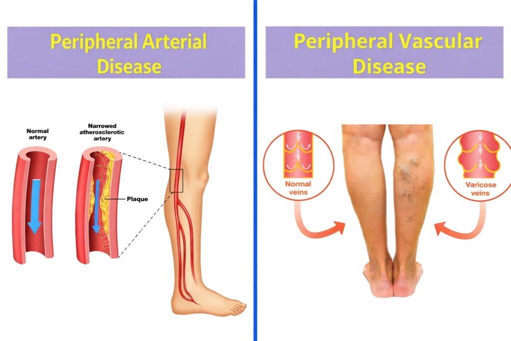 Side-by-side comparison of Peripheral Arterial Disease (PAD) and Peripheral Vascular Disease (PVD), showing artery narrowing and varicose veins respectively.