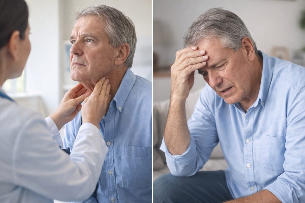 Doctor examining a man’s neck for carotid artery disease and early stroke symptoms
