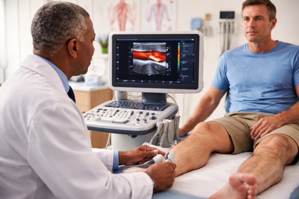 Vascular specialist using Doppler ultrasound on a patient's leg, displaying blood flow patterns on the screen in a medical exam room.