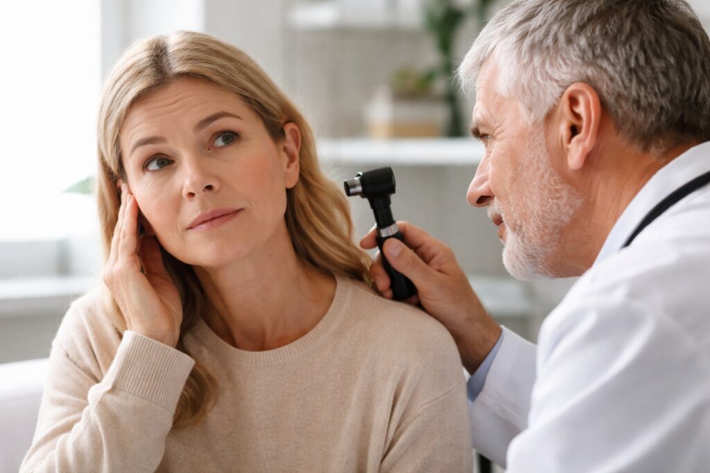 Doctor examining a patient’s ear during a medical consultation