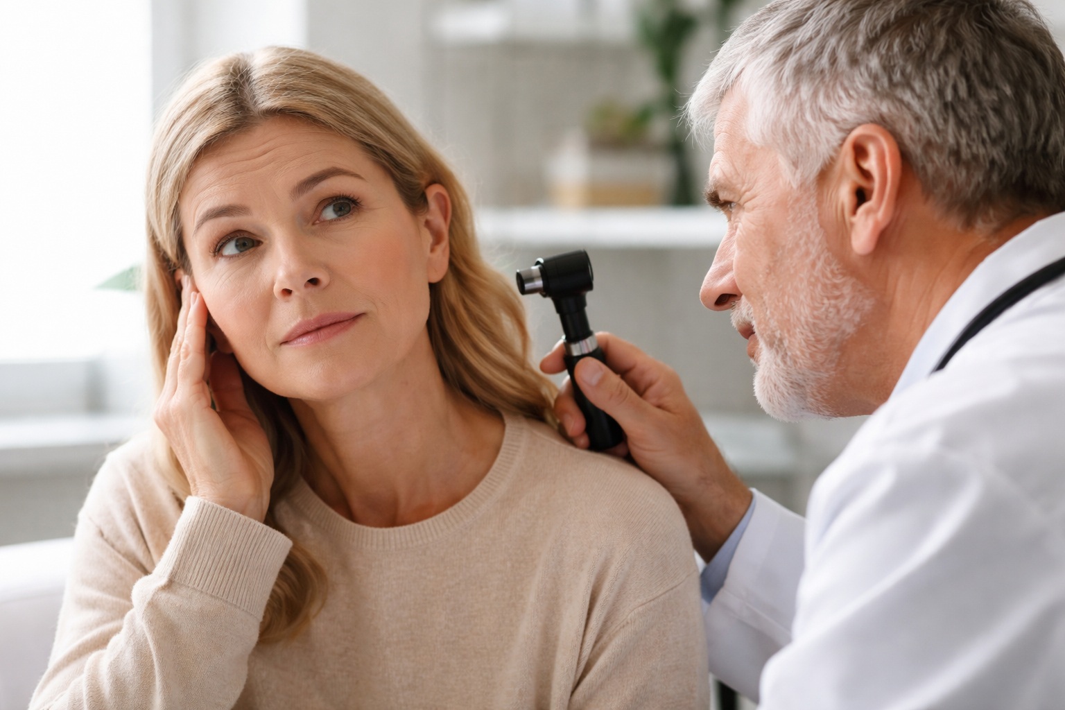 Doctor examining a patient’s ear during a medical consultation