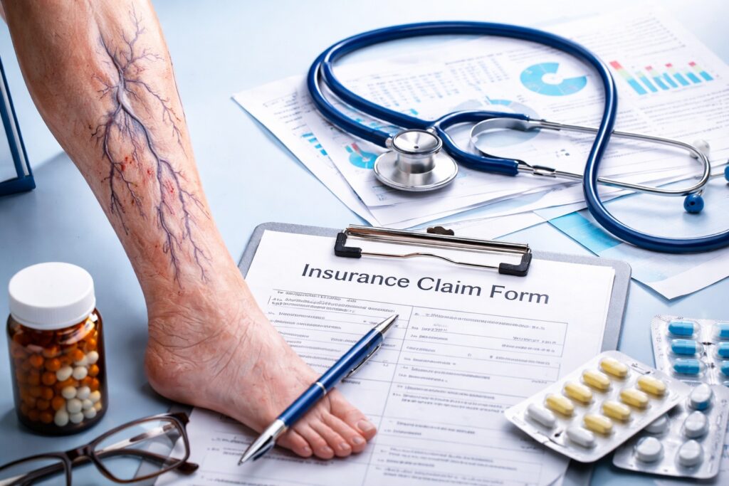 A human leg model with varicose veins is shown alongside an insurance claim form, medical documents, a stethoscope, a pill bottle, and reading glasses.