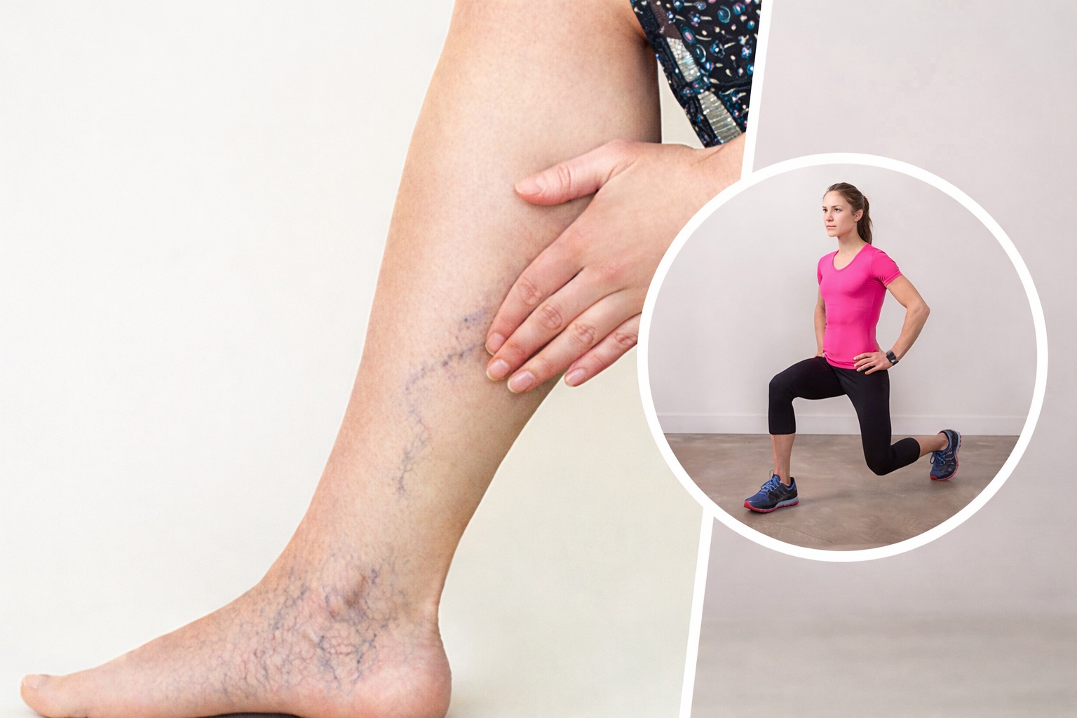 A woman with varicose veins on her leg and another performing a lunge exercise.