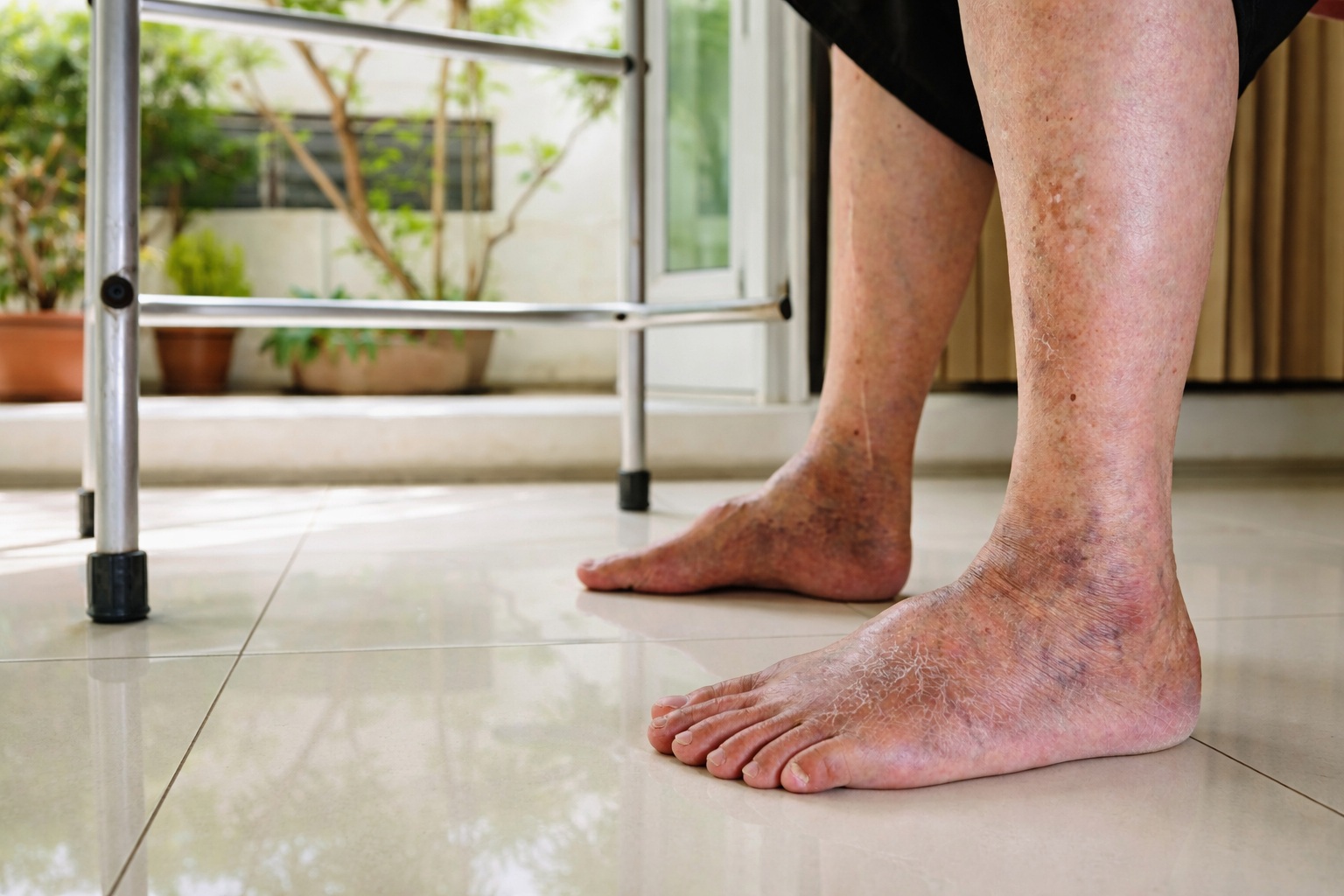 Close-up of elderly feet showing signs of diabetic foot ulcer and poor circulation.